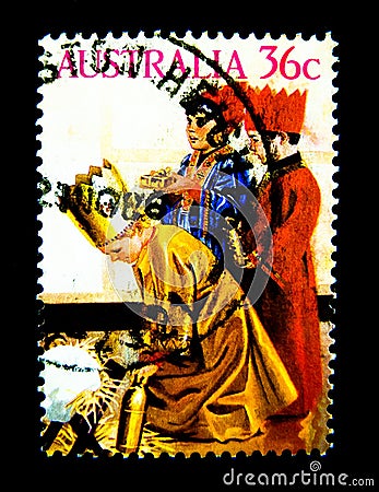 A stamp printed in Australia shows an image of a group of boys in church on ceremony on value at 36 cent. Editorial Stock Photo